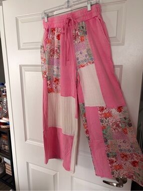 Pink Patchwork Wide-Leg Drawstring Pants